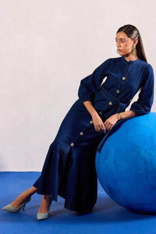 Denim Maxi Dress Contemporary Wear – Blue Flowy Dress by Zazu