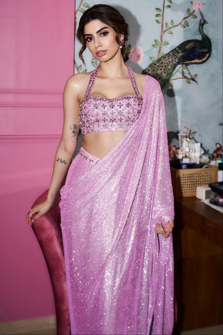Draped Saree for Indian Weddings – Pink Mystic Embellished Set by Itrh