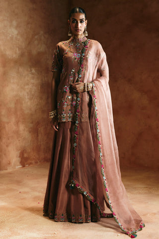 Full-length front view of the bronze sharara set with sheer floral-bordered dupatta by Aman Takyar at Mrs. G