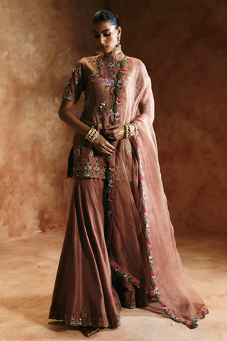 Full-length front view of the bronze sharara set with half sleeves and scalloped kurta hem by Aman Takyar at Mrs. G