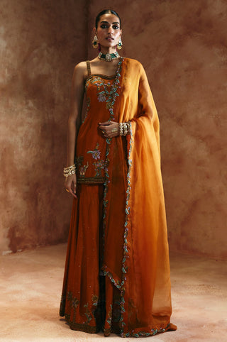 Full-length front view of the orange sharara set with sheer organza dupatta over one shoulder by Aman Takyar at Mrs. G