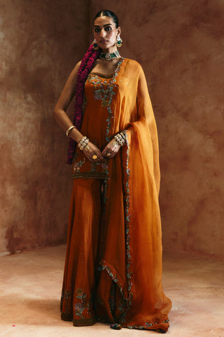 Full-length front view of the orange sharara set with the dupatta draped over one arm by Aman Takyar at Mrs. G