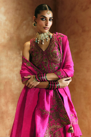Waist-up view of the rani pink V-neck blouse with gold-toned paisley embroidery and sheer dupatta by Aman Takyar at Mrs. G
