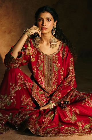Seated waist-up view of the red kurta's gold neck panel and floral sleeve embroidery by Aman Takyar at Mrs. G