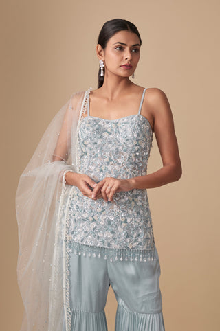Waist-up view of the sweetheart kurti with floral cutwork lace and crystal drop hem by Asaga at Mrs. G