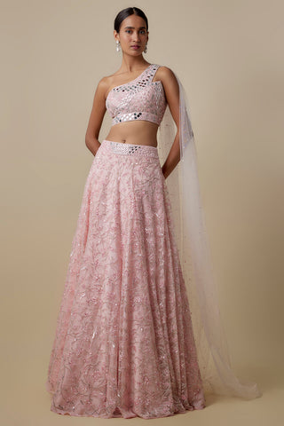Full-length front view of the baby pink lehenga set with a one-shoulder mirror blouse and net trail by Asaga at Mrs. G