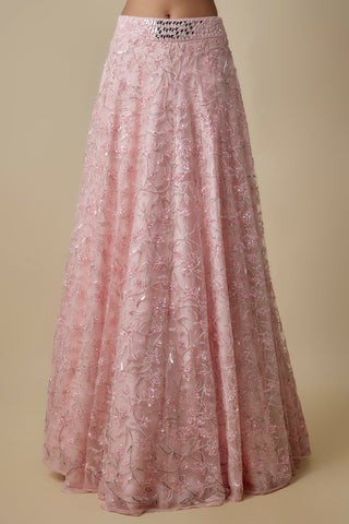 Close-up of the baby pink net lehenga with sequin floral vines and a mirror waistband by Asaga at Mrs. G