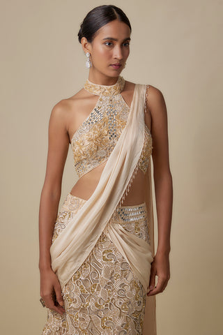 Waist-up view of the beige halter blouse with gold floral embroidery and a satin pallu by Asaga at Mrs. G