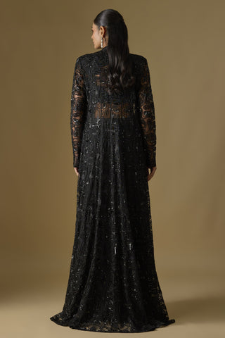 Back view of the black floor-length embroidered net jacket by Asaga at Mrs. G