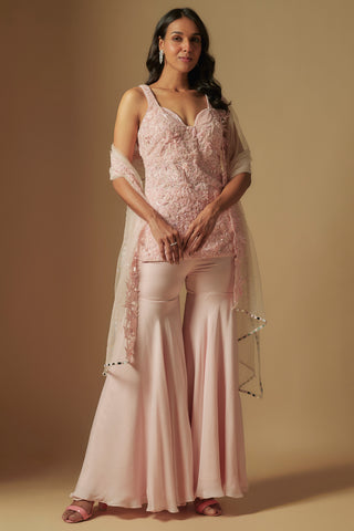 Front view of blush ixorus short kurti and flared sharara with net dupatta by Asaga at Mrs. G