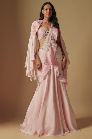 Front view of a blush pre-draped saree with a mirror work blouse and a bell-sleeve cape with rosette shoulders by Asaga at Mrs. G