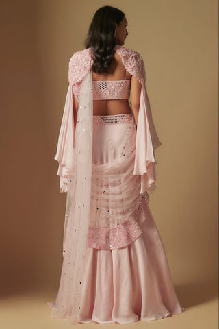 Back view of the blush net pallu trailing over the satin saree skirt and cape by Asaga at Mrs. G