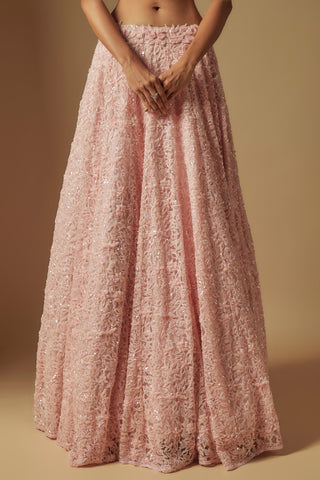 Waist-down view of blush pink lehenga skirt in raised leaf appliqué and sequins by Asaga at Mrs. G