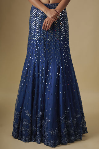 Close-up of the electric blue skirt with mirror diamonds and a thread flower hem by Asaga at Mrs. G
