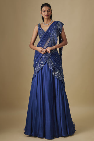 Full-length front view of the electric blue pre-draped saree set with mirror work by Asaga at Mrs. G