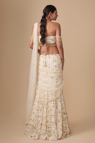 Full-length back view of the lace-up blouse and the fish-cut saree with draped net by Asaga at Mrs. G
