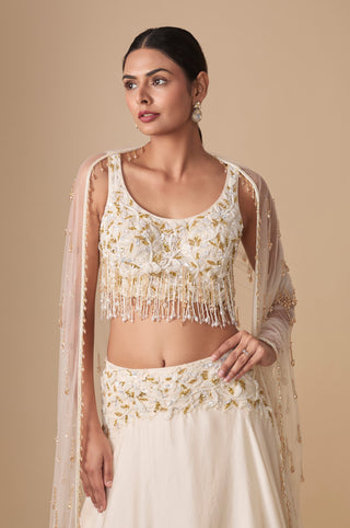 Waist-up view of the leaf embroidered crop blouse with pearl tassel fringe and embroidered waistband by Asaga at Mrs. G