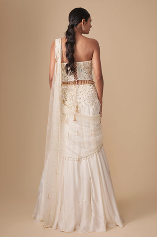 Full-length back view of the lace-up corset and the draped net over the fishtail satin skirt by Asaga at Mrs. G