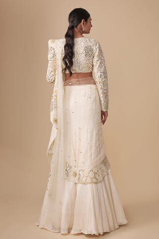 Full-length back view of the full-sleeve blouse and the fishtail skirt with embroidered ruffle border by Asaga at Mrs. G