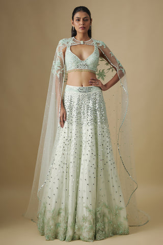 Front view of a mint lehenga with a mirror waist and a sheer floral appliqué cape by Asaga at Mrs. G