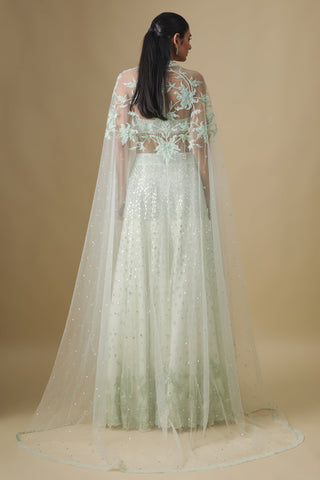 Back view of the mint floral appliqué cape trailing over the flared skirt by Asaga at Mrs. G