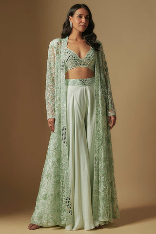 Front view of mint avreal mirror work blouse, sheer floor-length vine jacket and wide sharara by Asaga at Mrs. G