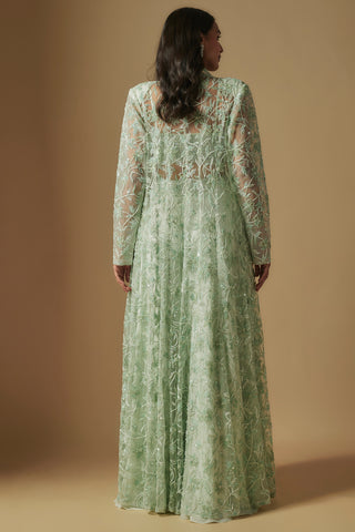 Back view of mint sheer long jacket with vine embroidery and sequins by Asaga at Mrs. G