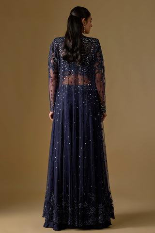 Back view of the navy sheer long jacket scattered with mirrors and an embroidered hem by Asaga at Mrs. G