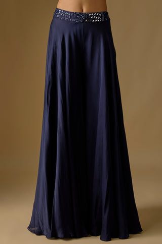 Detail of the navy wide satin sharara with a mirror work waistband by Asaga at Mrs. G