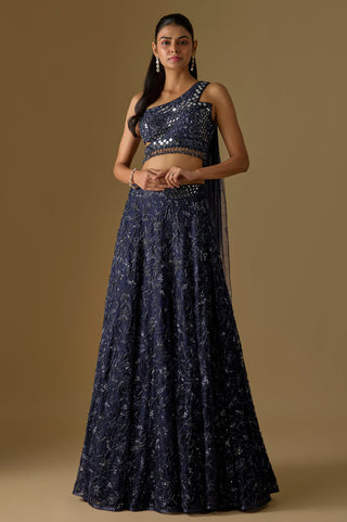 Full-length front view of the navy blue lehenga with silver sequin vines and a one-shoulder mirror work blouse by Asaga at Mrs. G
