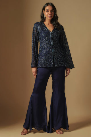 Front view of navy hollis cape-style short kurti with beaded vines and flared satin sharara by Asaga at Mrs. G
