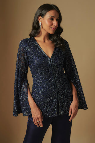 Waist-up close-up of navy V-neck beaded kurti with split bell sleeves and sequins by Asaga at Mrs. G