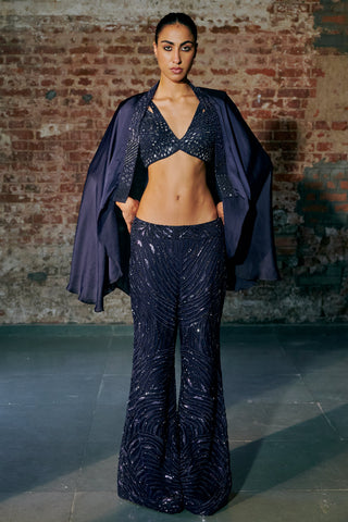 Front view of a navy blue mirror-work sharara set with a satin organza cape across the shoulders by Asaga at Mrs. G