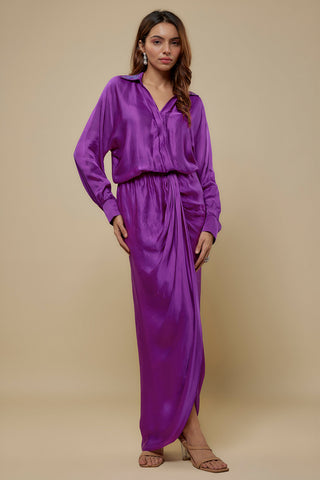 Front view of a purple satin drape dress with an embroidered collar and batwing sleeves by Asaga at Mrs. G