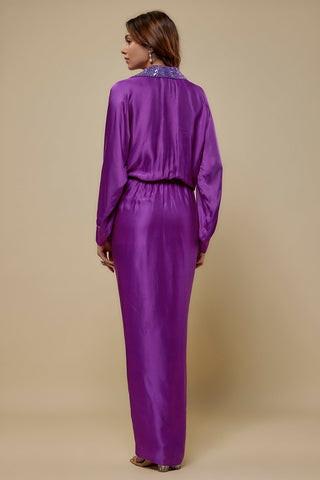 Close-up of the purple V-neck, sequin embroidered collar and batwing sleeves with banded cuffs by Asaga at Mrs. G