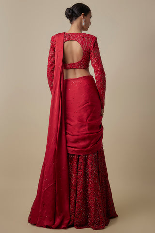 Full-length back view of the red blouse with a round keyhole back and satin pallu by Asaga at Mrs. G
