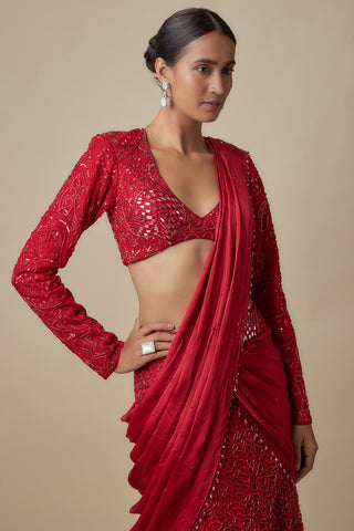 Three-quarter view of the red satin pallu draped across the mirror-work blouse by Asaga at Mrs. G