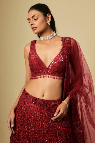 Waist-up view of the red V-neck mirror blouse with a bead fringe hem and a dori-edged net dupatta by Asaga at Mrs. G