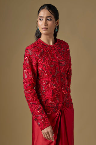Waist-up close-up of the red round-neck jacket embroidered with sequin and thread paisley by Asaga at Mrs. G