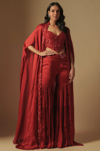 Front view of red pepper sweetheart blouse, tiered sharara and long satin cape by Asaga at Mrs. G
