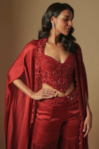 Waist-up close-up of red floral embroidered sweetheart blouse with embroidered cape edge by Asaga at Mrs. G