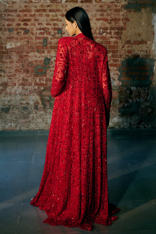 Side-back view of the red jacket's sleeve and cord embroidery over the flowing sharara by Asaga at Mrs. G