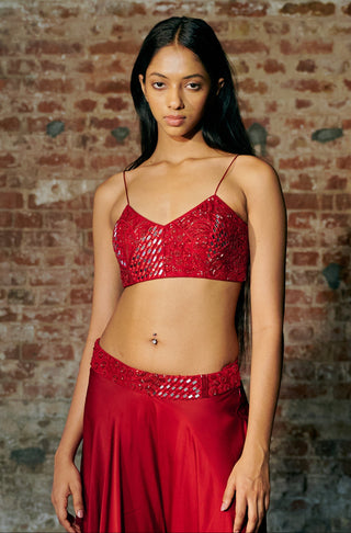 Front view of the red V-neck sequin blouse with the flared sharara and no jacket by Asaga at Mrs. G