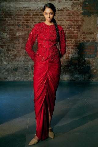 Full-length front view of the red jacket over the floor-length ruched drape skirt by Asaga at Mrs. G