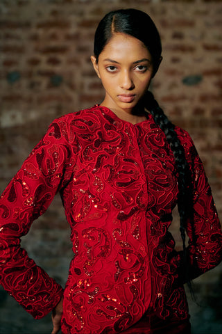 Close-up of the red jacket's paisley-shaped cord embroidery and sequins at the front by Asaga at Mrs. G