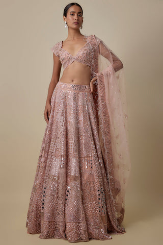 Full-length front view of the rose gold lehenga set with patchwork embroidery and a feather-trim dupatta by Asaga at Mrs. G