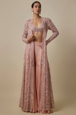Full-length front view of the rose gold sharara set with an open floor-length embroidered jacket by Asaga at Mrs. G
