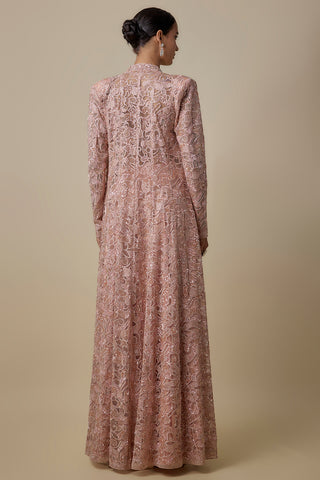 Full-length back view of the rose gold sheer embroidered jacket with structured shoulders by Asaga at Mrs. G