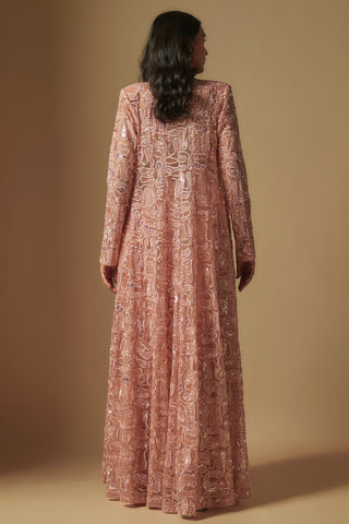 Back view of rose gold long jacket in paisley thread work with structured shoulders by Asaga at Mrs. G