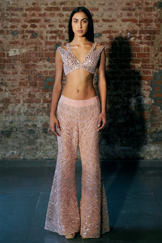 Front view of the rose gold mirror blouse and flared sequin sharara without the cape by Asaga at Mrs. G